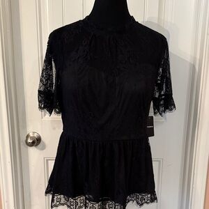 ❤️❤️ Torrid Peplum Lace Mock Short Sleeve Blouse 1X 14-16 Deep Black NWT